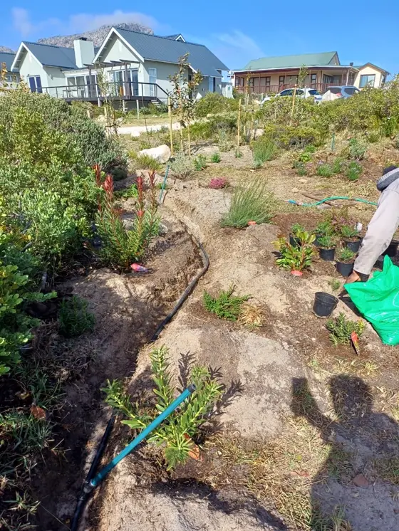 Crew spreading fresh mulch across a new garden bed