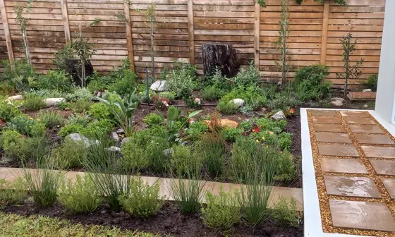 An established garden bed beside a paver walkway