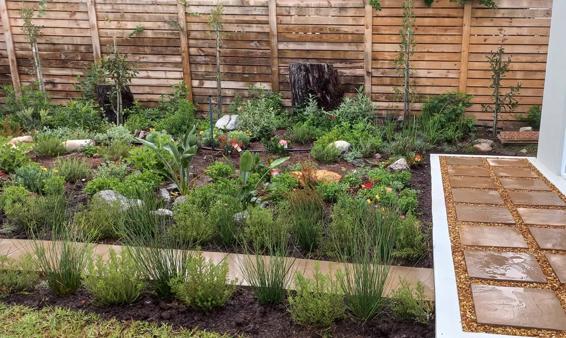 An established garden bed beside a paver walkway